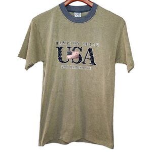 Vintage Cal Cru Single Stitch Striped Ribbed T Shirt M Hampton Beach NH Tan Blue